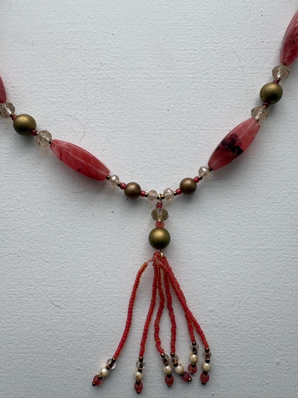 Handmade Pink Beaded Tassel Necklace with flower clasp - Picture 5 of 7